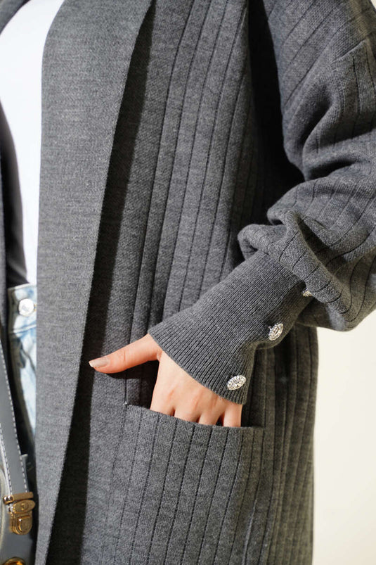 Gilet en maille à col châle et manches boutonnées, couleur fumée