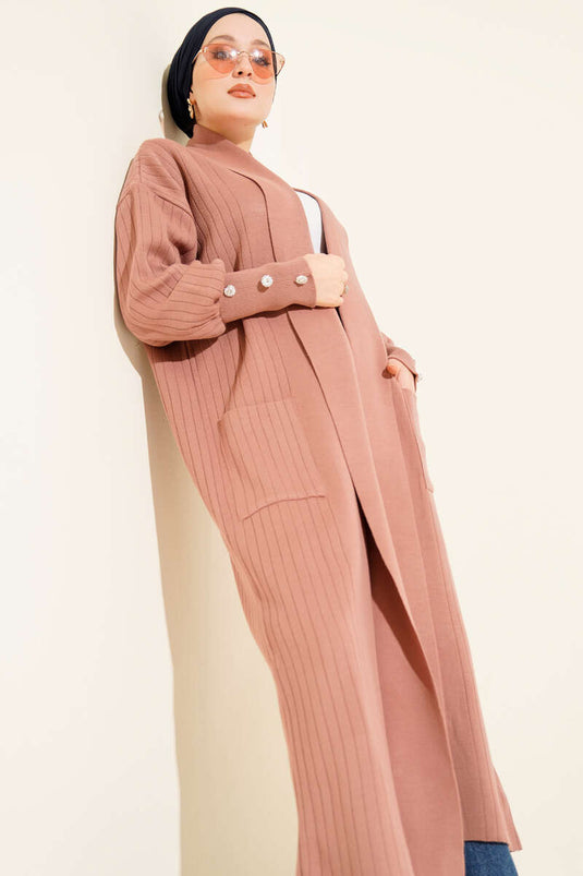 Kol Ucu Düğmeli Şal Yaka Triko Hırka Gül Kurusu