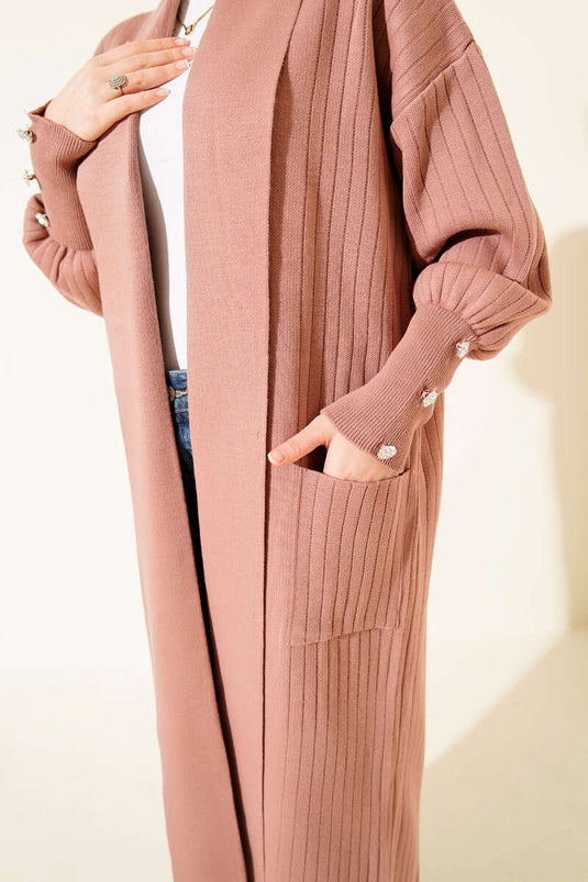 Kol Ucu Düğmeli Şal Yaka Triko Hırka Gül Kurusu