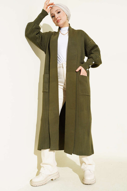 Shawl Collar Knitted Cardigan with Buttoned Sleeves, Khaki