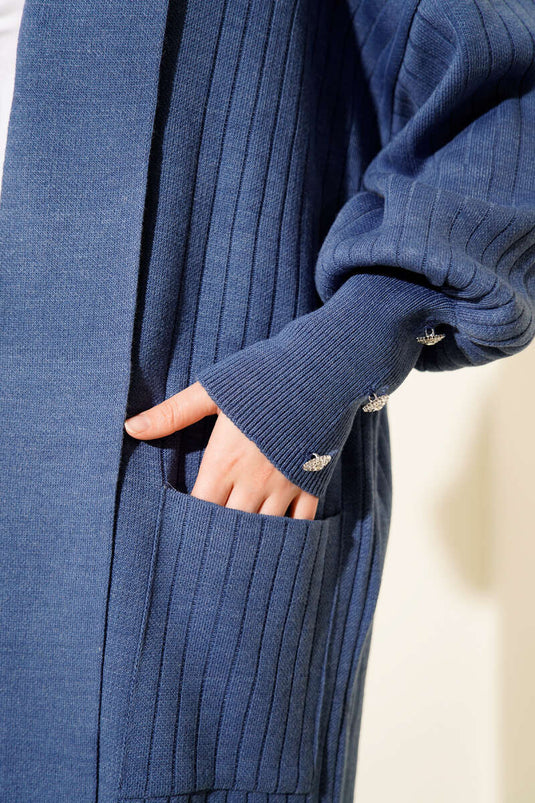 Shawl Collar Knitted Cardigan with Buttoned Sleeves in Indigo