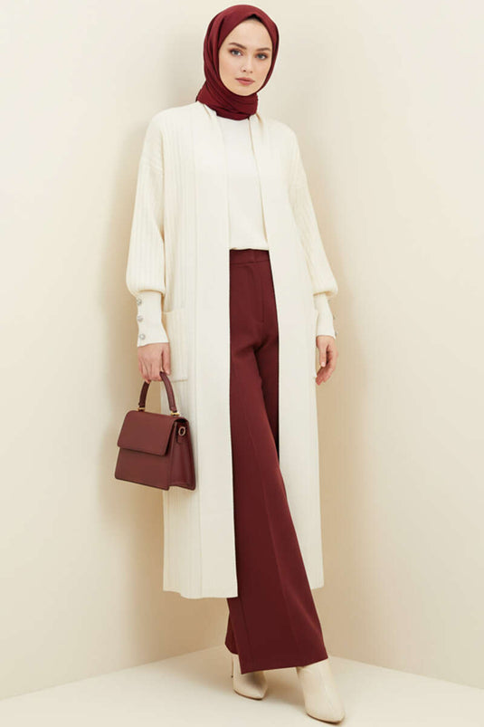 Shawl Collar Knitted Cardigan with Buttoned Sleeves, Cream