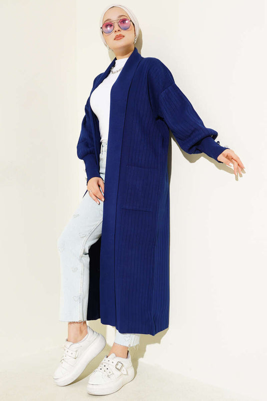 Gebreid vest met sjaalkraag en knoopmouwen, marineblauw