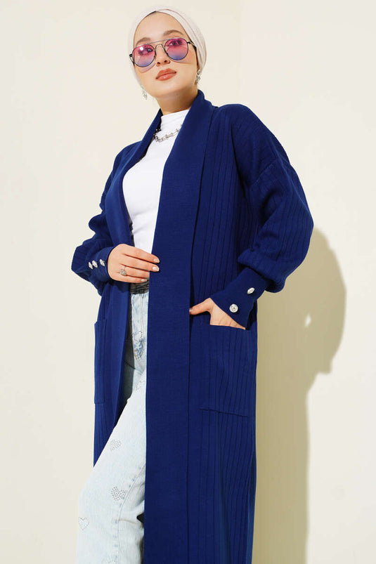 Shawl Collar Knitted Cardigan with Buttoned Sleeves, Navy Blue