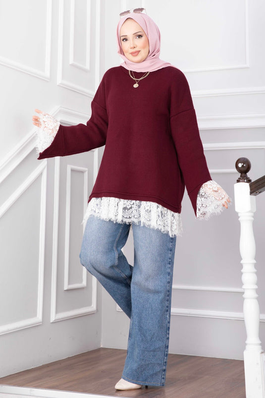 Bordeaux Strickpullover Mit Spitzenabschluss