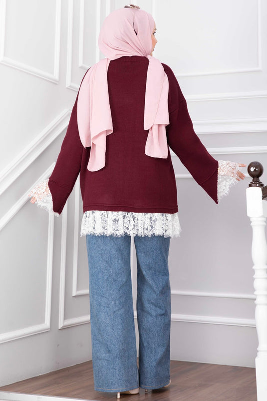 Bordeaux Strickpullover Mit Spitzenabschluss