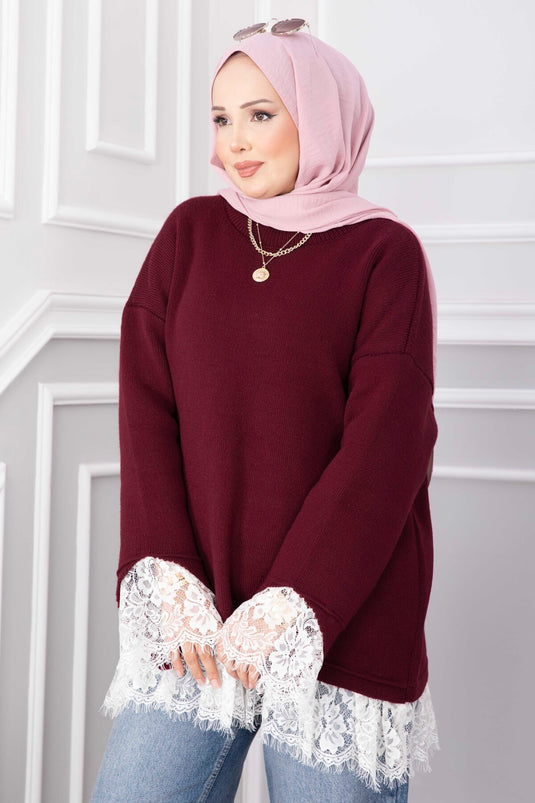 Bordeaux Strickpullover Mit Spitzenabschluss