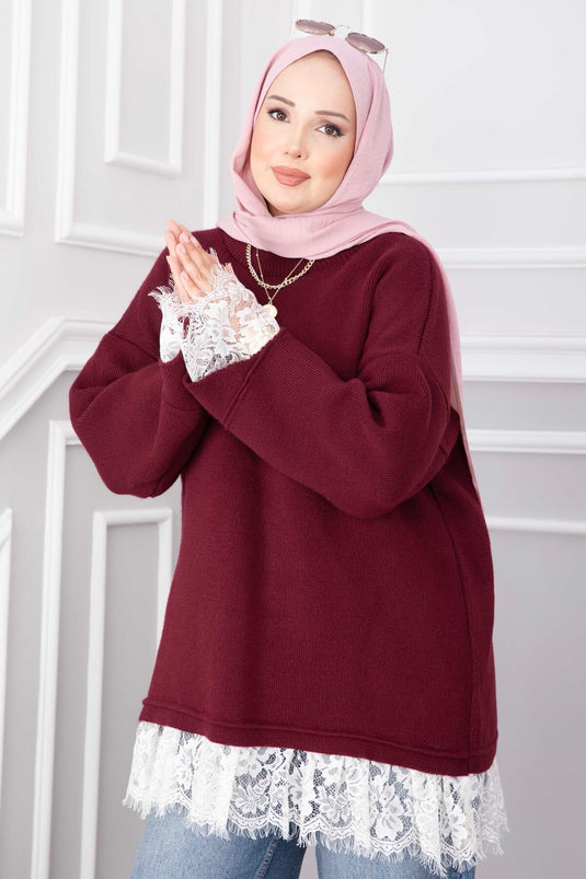Bordeaux Strickpullover Mit Spitzenabschluss