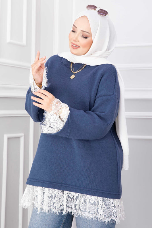 Indigo Strickpullover Mit Spitzenabschluss An Saum Und Bündchen