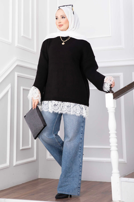 Schwarzer Strickpullover Mit Spitzenabschluss An Saum Und Bündchen