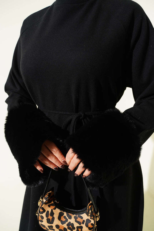 Black Corduroy Dress with Fur Cuffs