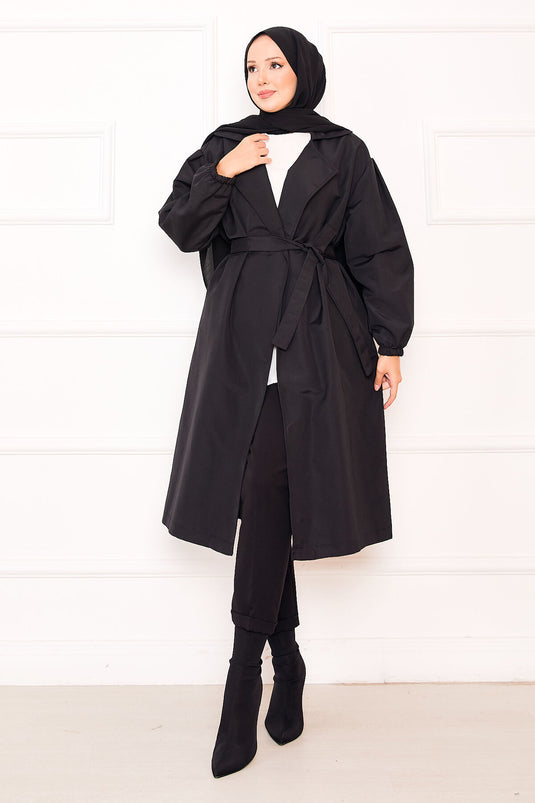 Trench-coat noir à manches élastiquées et ceinture amovible pour hijab