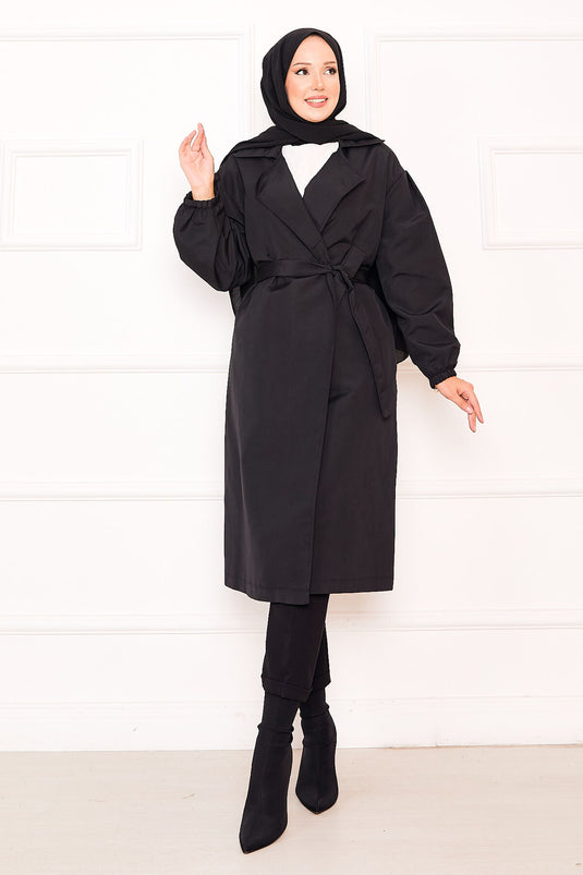 Trench-coat noir à manches élastiquées et ceinture amovible pour hijab
