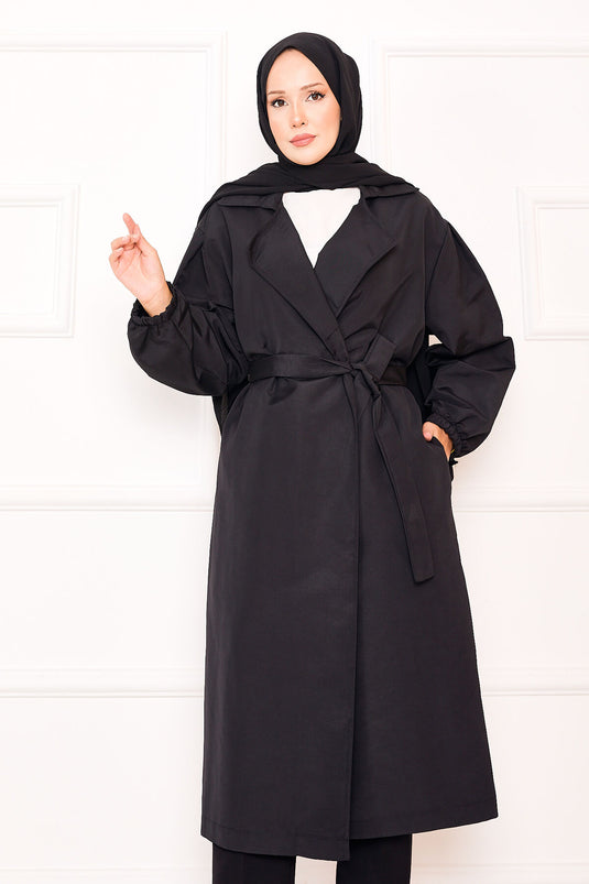 Trench-coat noir à manches élastiquées et ceinture amovible pour hijab