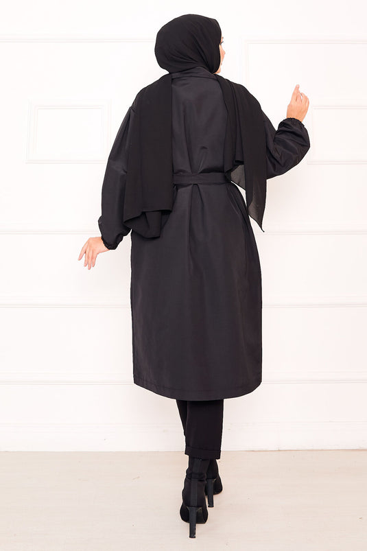 Trench-coat noir à manches élastiquées et ceinture amovible pour hijab