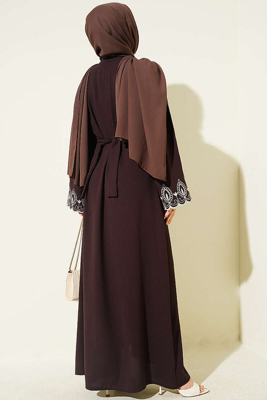 Kol Ucu Nakışlı Kuşaklı Abaya Kahve