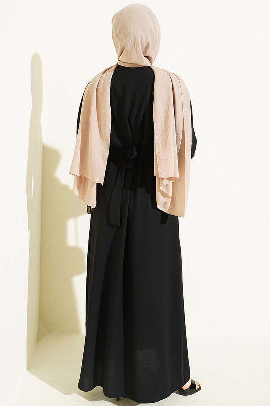 Kol Ucu Nakışlı Kuşaklı Abaya Siyah