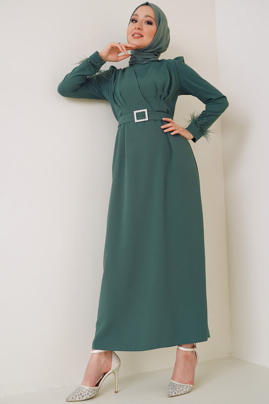 Robe Ceinturée Manches Plumes Vert