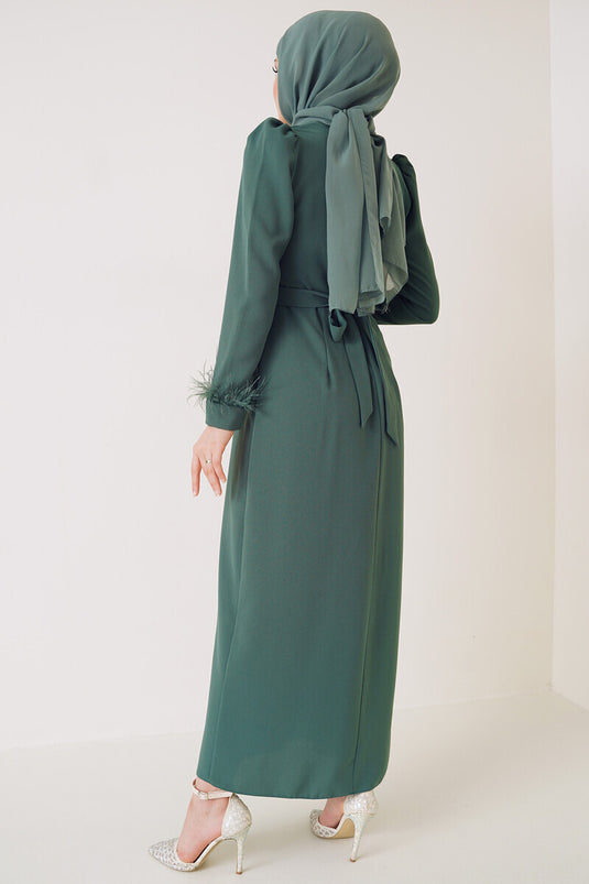 Robe Ceinturée Manches Plumes Vert