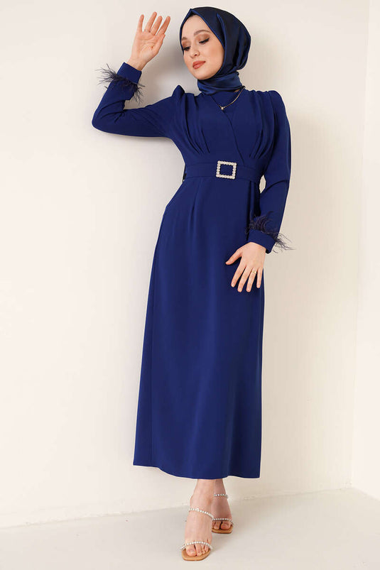 Robe Ceinturée Manches Plumes Bleu Marine