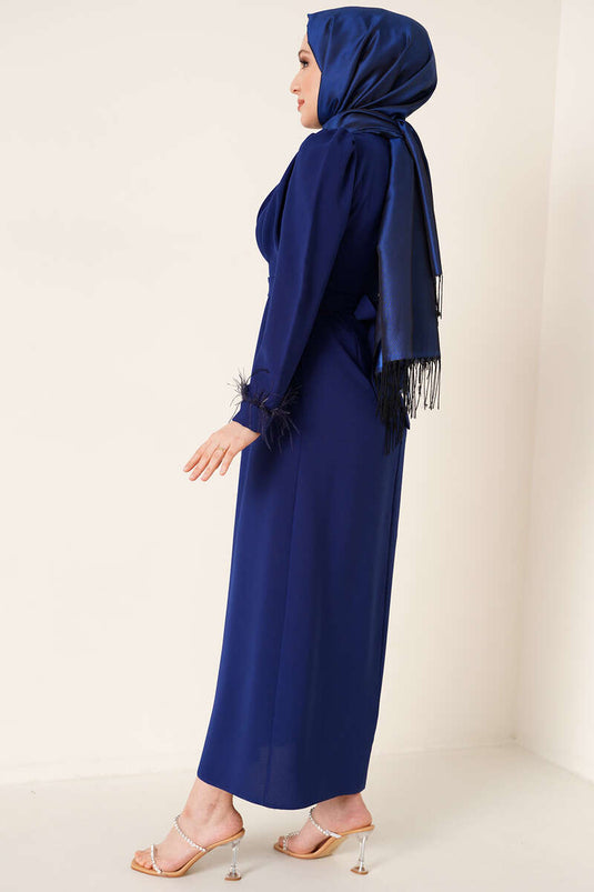 Robe Ceinturée Manches Plumes Bleu Marine