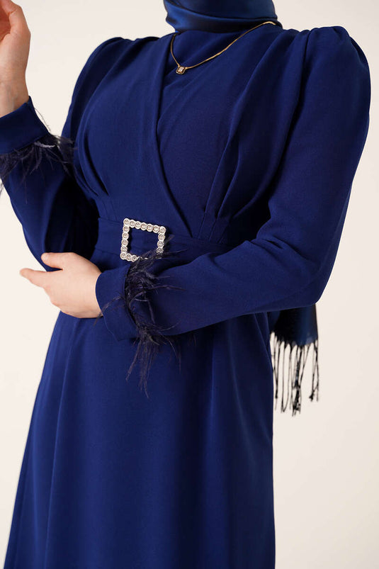 Robe Ceinturée Manches Plumes Bleu Marine