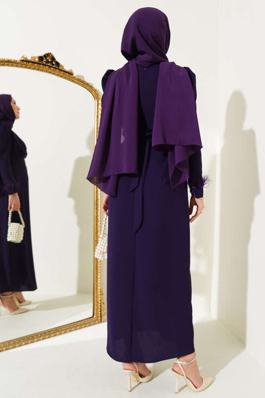 Robe Ceinturée Manches Plumes Violet