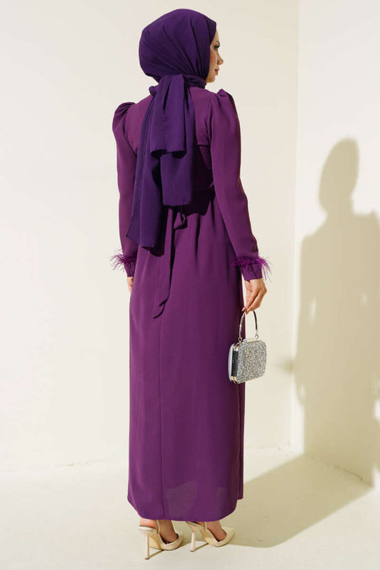 Sleeved Dress with Feathered Belt Purple