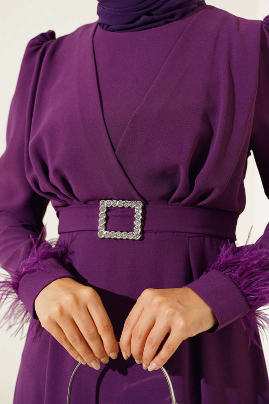 Sleeved Dress with Feathered Belt Purple