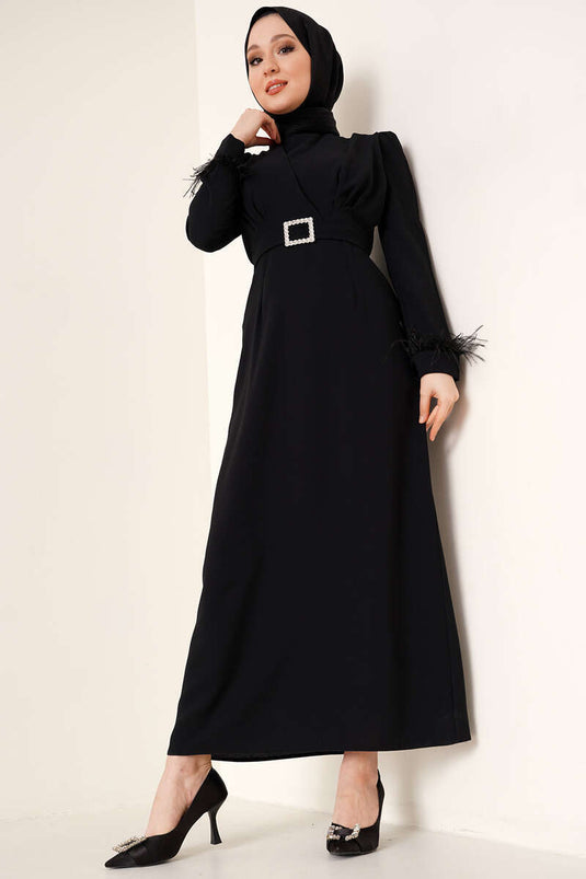 Robe Ceinturée Manches Plumes Noir