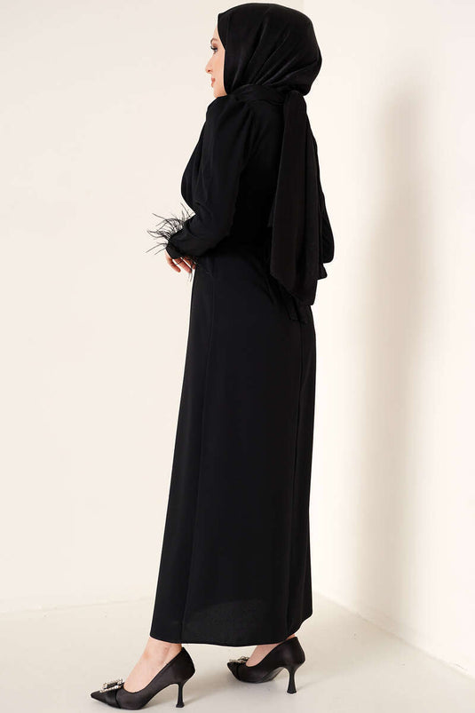 Robe Ceinturée Manches Plumes Noir