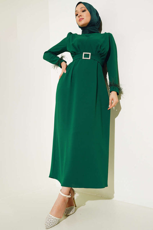 Robe Ceinturée Manches Plumes Vert