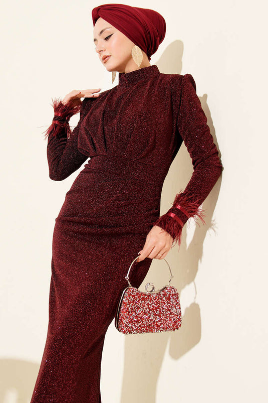 Burgundy Evening Dress with Feathered Sleeves and Glitter