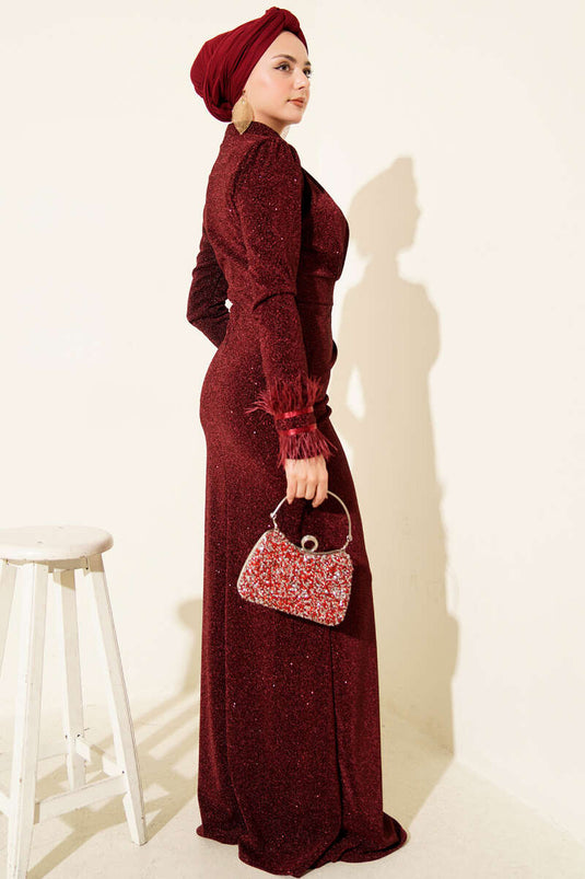 Burgundy Evening Dress with Feathered Sleeves and Glitter