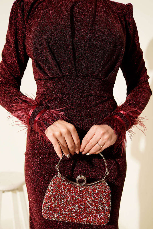 Burgundy Evening Dress with Feathered Sleeves and Glitter