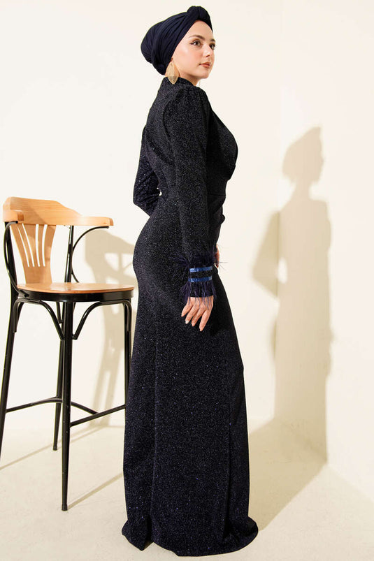 Glittery Evening Dress with Feathered Sleeves, Navy Blue