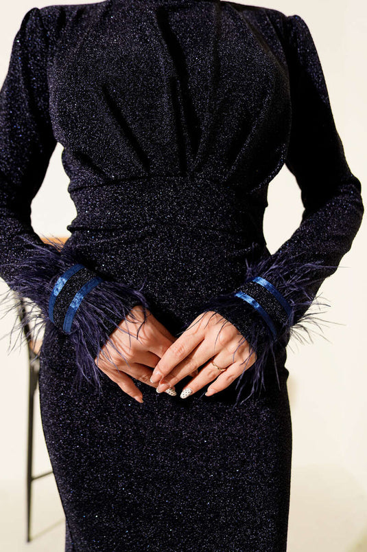 Glittery Evening Dress with Feathered Sleeves, Navy Blue