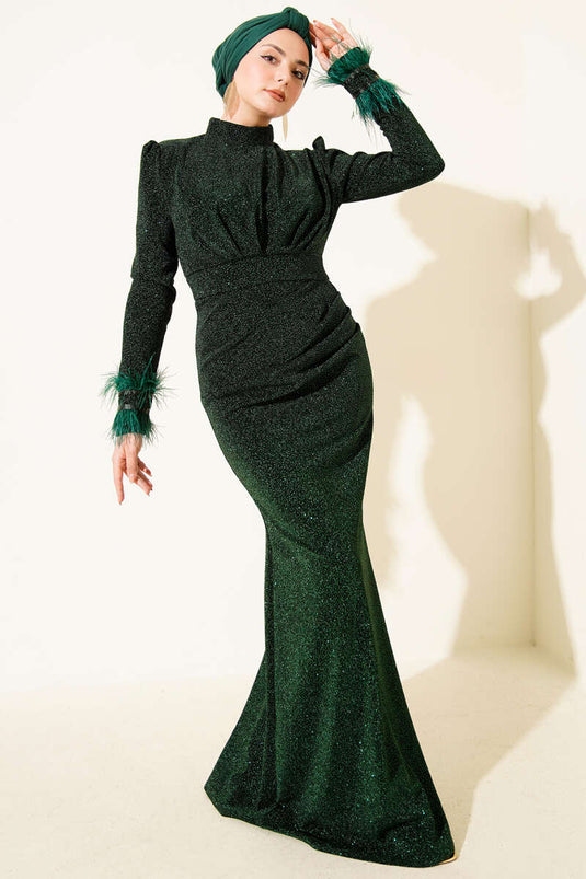 Emerald Green Evening Dress with Feathered Sleeves