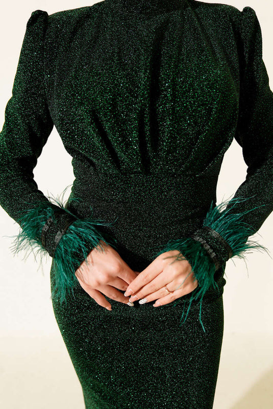 Emerald Green Evening Dress with Feathered Sleeves