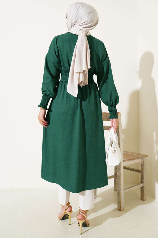 Kol and Waist Gathered Buttoned Cardigan Emerald Green