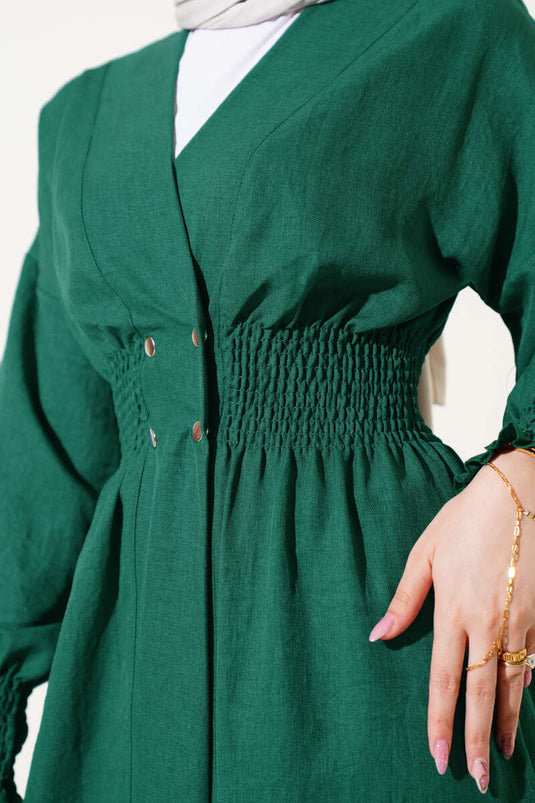 Kol and Waist Gathered Buttoned Cardigan Emerald Green