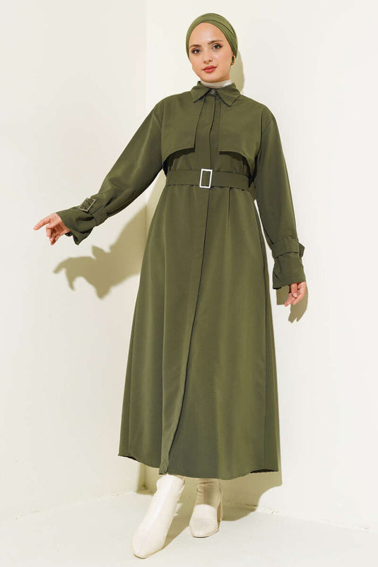 Trench Long avec Manches et Ceinture Kaki