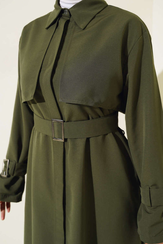 Langer Trenchcoat mit Ärmel- und Taillengürtel Khaki