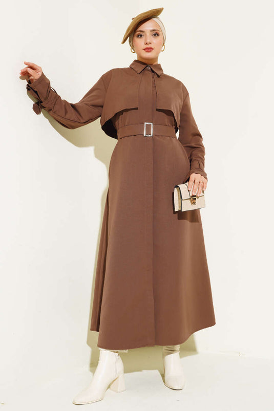 Trench Long avec Manches et Ceinture Marron