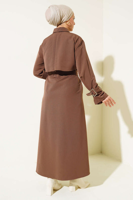 Trench Long avec Manches et Ceinture Marron