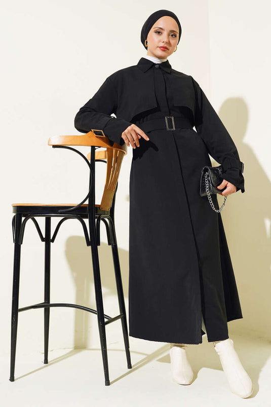 Trench Long avec Manches et Ceinture Noir