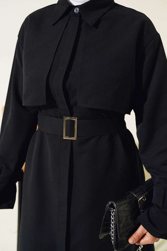 Trench Long avec Manches et Ceinture Noir