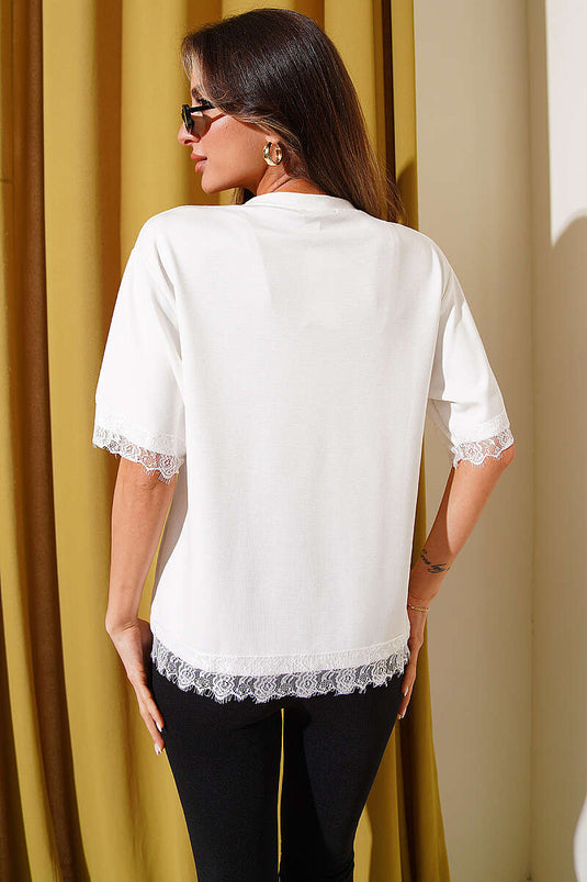 T-Shirt mit Spitzenbesatz an Ärmeln und Saum Weiß