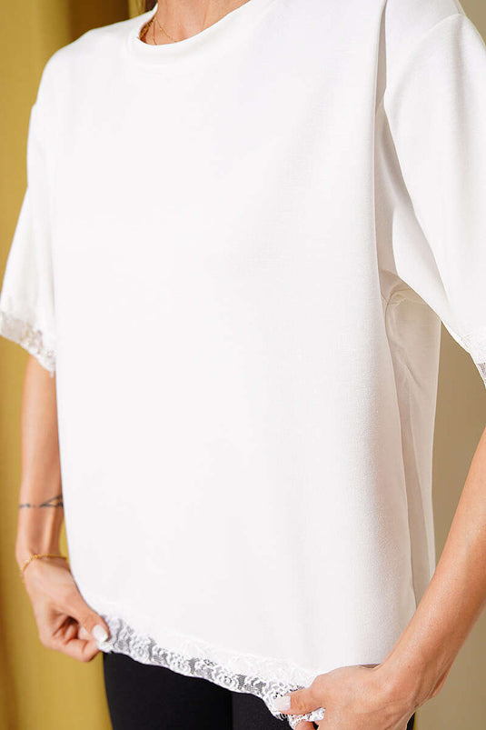 T-Shirt mit Spitzenbesatz an Ärmeln und Saum Weiß