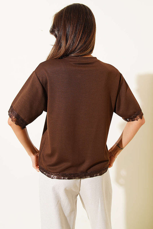 T-shirt with Lace on Sleeves and Hem Coffee